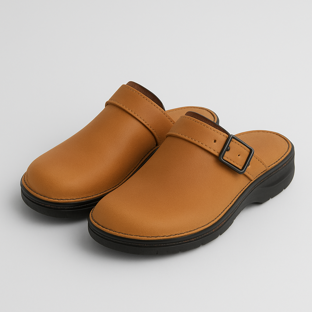 Leather open-back slip-on clogs with an adjustable side buckle and cushioned sole for everyday wear.