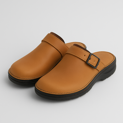 Leather open-back slip-on clogs with an adjustable side buckle and cushioned sole for everyday wear.