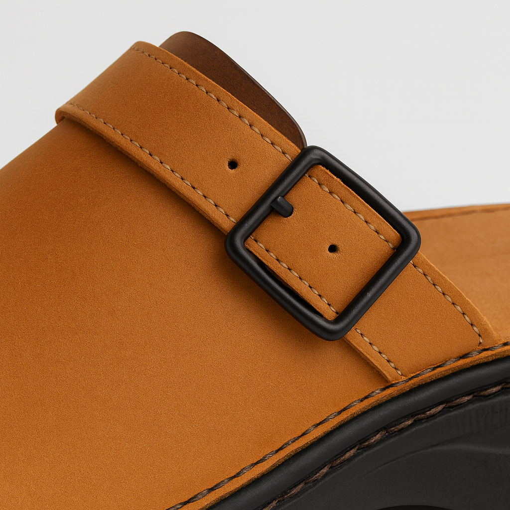 Leather open-back slip-on clogs with an adjustable side buckle and cushioned sole for everyday wear.