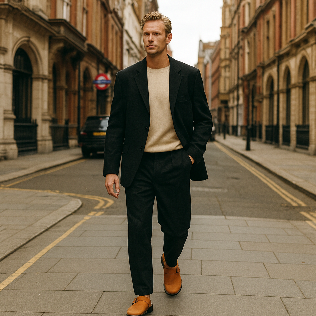 Leather open-back slip-on clogs with an adjustable side buckle and cushioned sole for everyday wear.