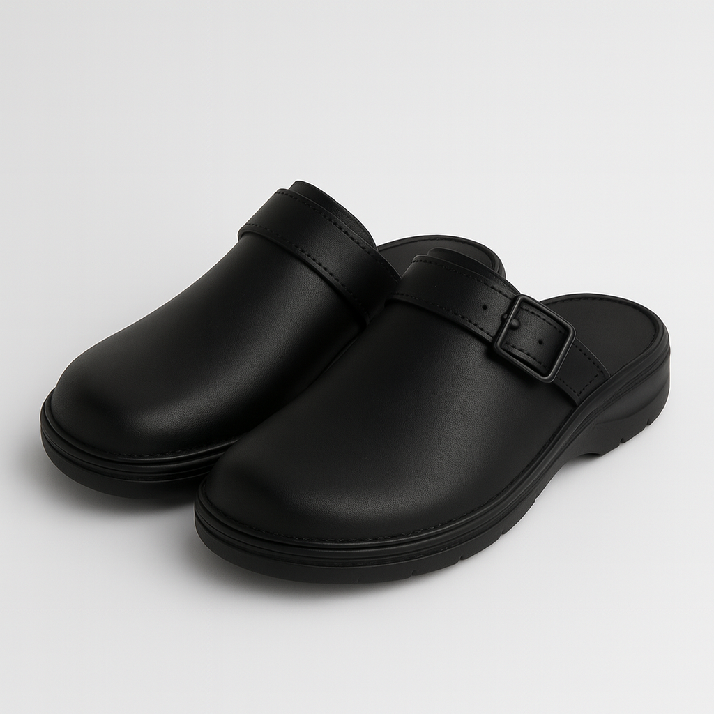 Leather open-back slip-on clogs with an adjustable side buckle and cushioned sole for everyday wear.