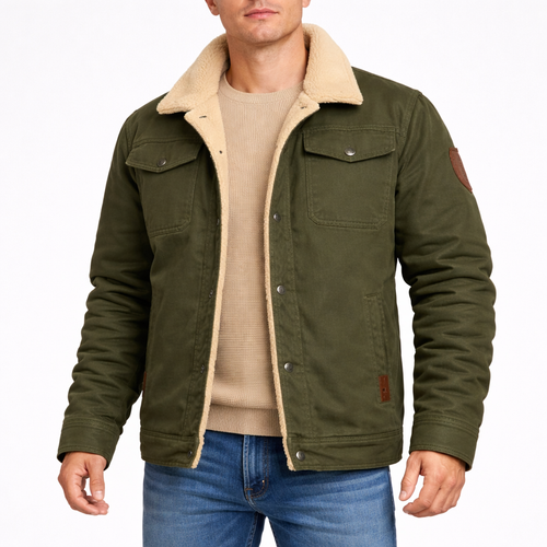 Shearling-lined jacket with classic collar and button-front fastening, designed for rugged everyday outerwear