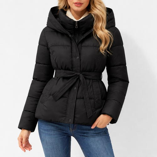Quilted belted puffer jacket with high collar and padded structure, designed for modern winter styling