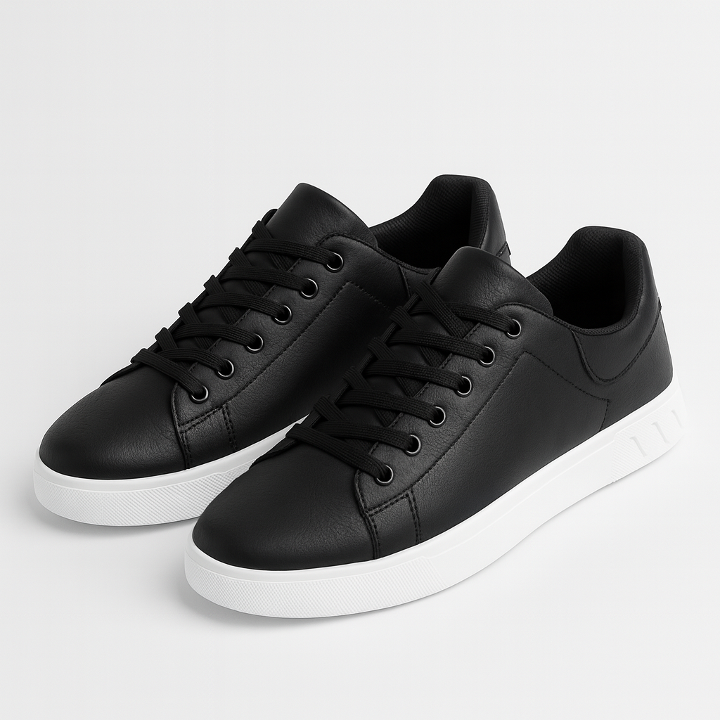 Faux leather low-top sneakers with white soles, lace-up closure, and cushioned interior padding.