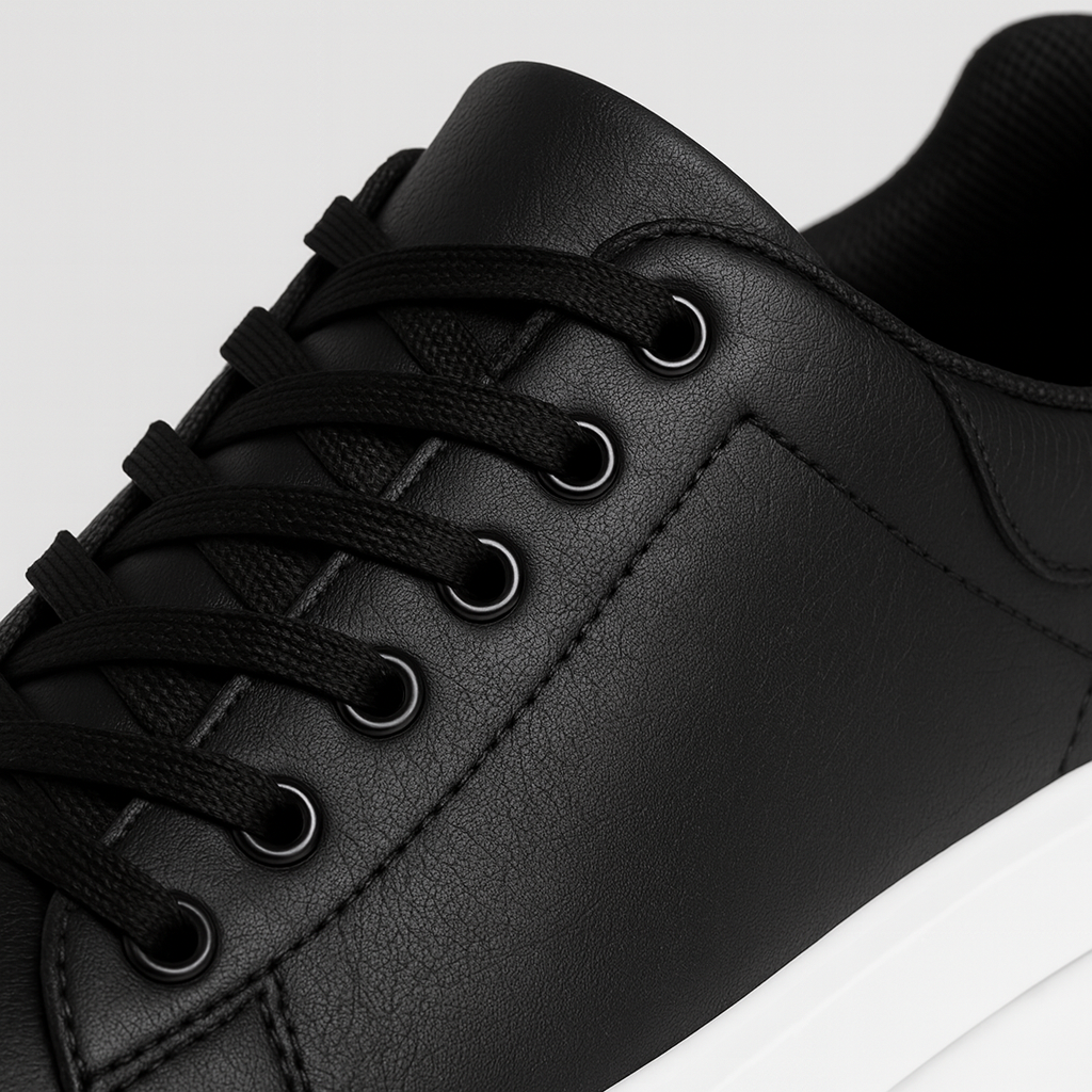 Faux leather low-top sneakers with white soles, lace-up closure, and cushioned interior padding.
