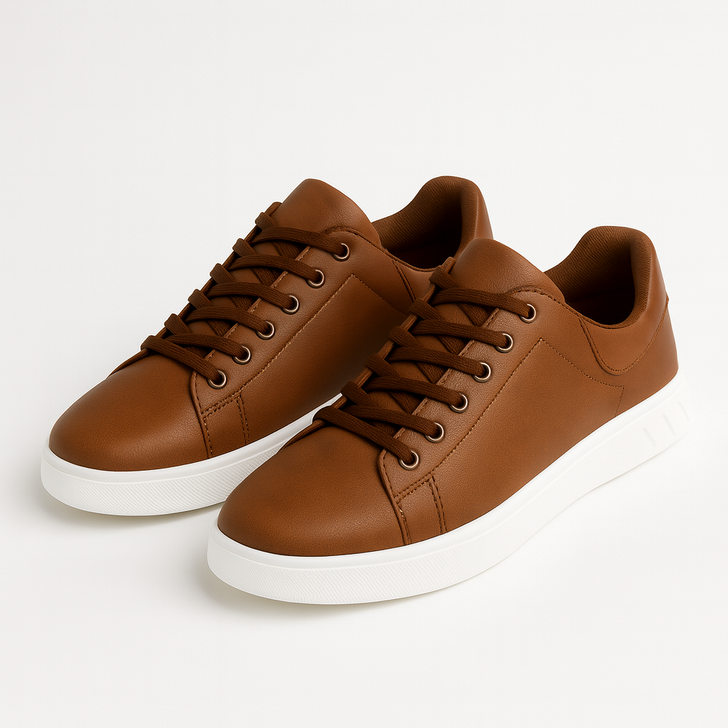Faux leather low-top sneakers with white soles, lace-up closure, and cushioned interior padding.