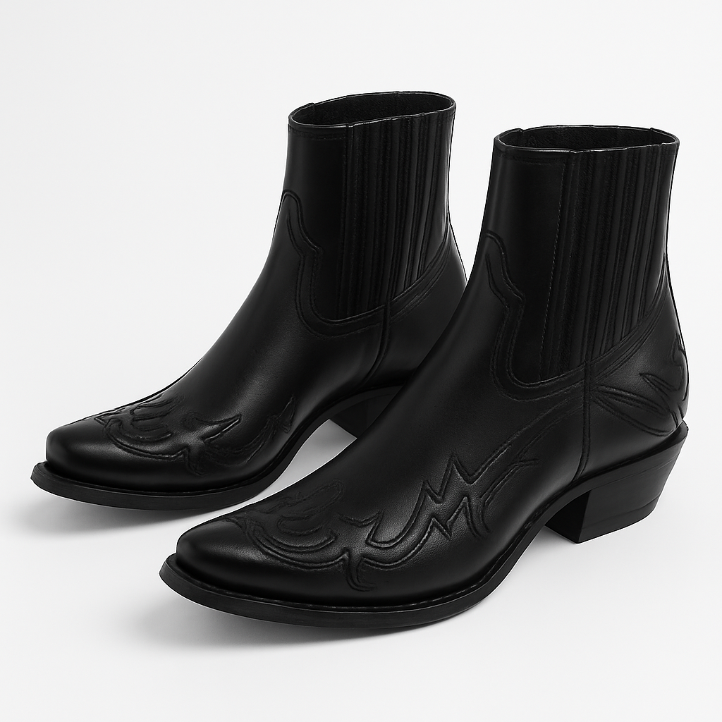 Western-style ankle boot with pointed toe, stitched detailing, and angled heel.