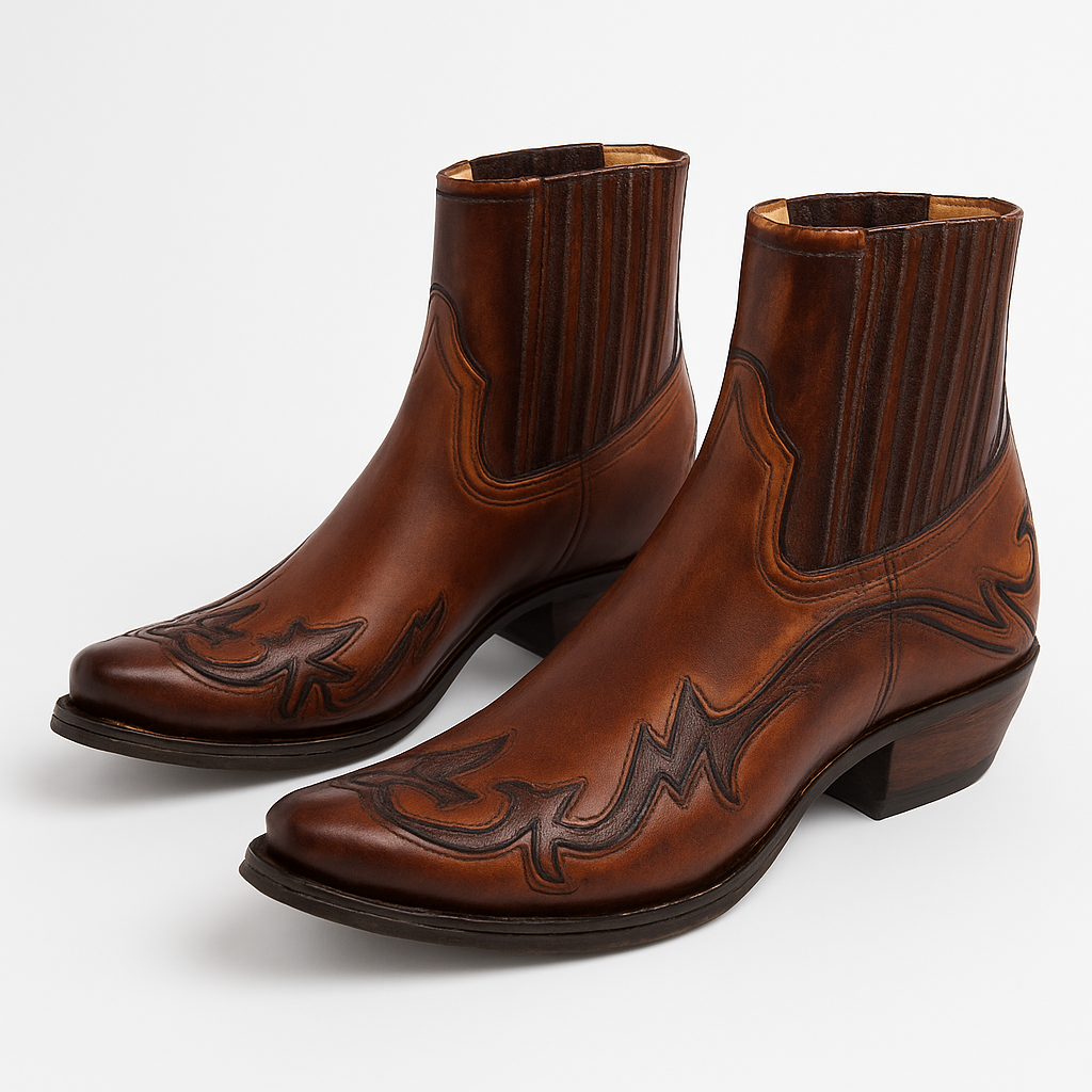 Western-style ankle boot with pointed toe, stitched detailing, and angled heel.
