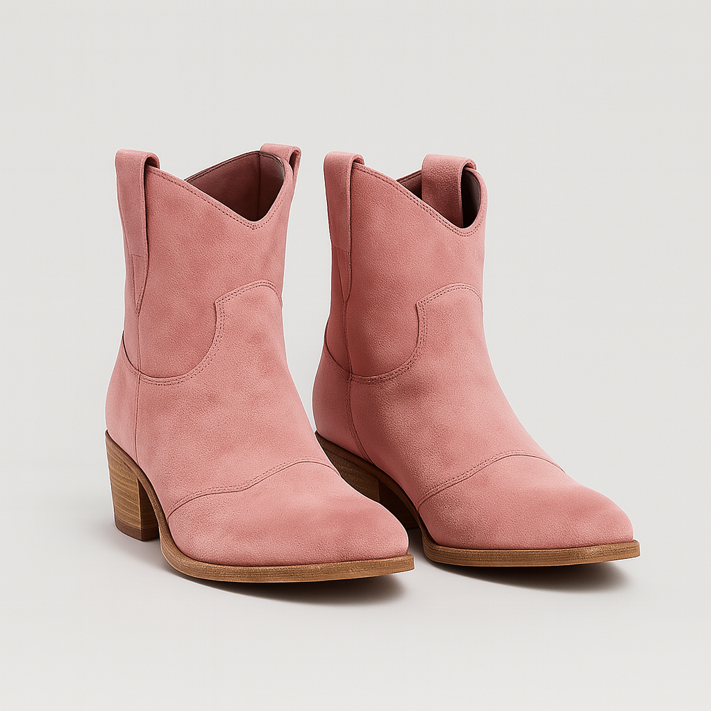 Suede Western-style ankle boots with curved topline and gently distressed soles.