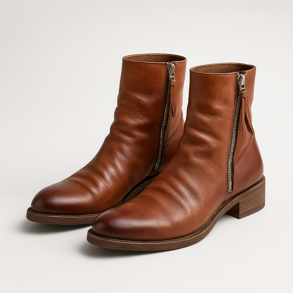 Distressed leather zip-up ankle boots with textured sole and rounded toe.