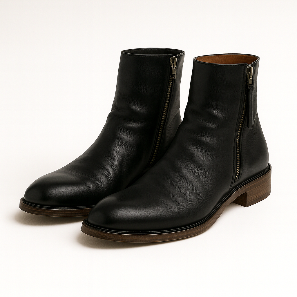 Distressed leather zip-up ankle boots with textured sole and rounded toe.