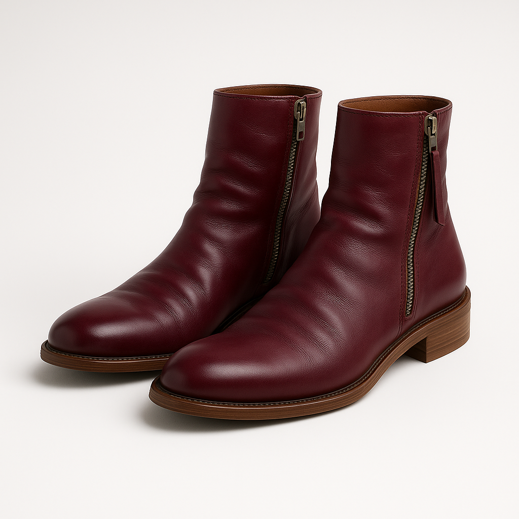 Distressed leather zip-up ankle boots with textured sole and rounded toe.