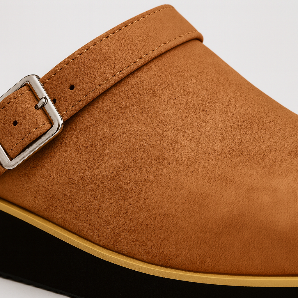 Closed-toe clogs with an adjustable side buckle and a cushioned sole designed for easy everyday wear