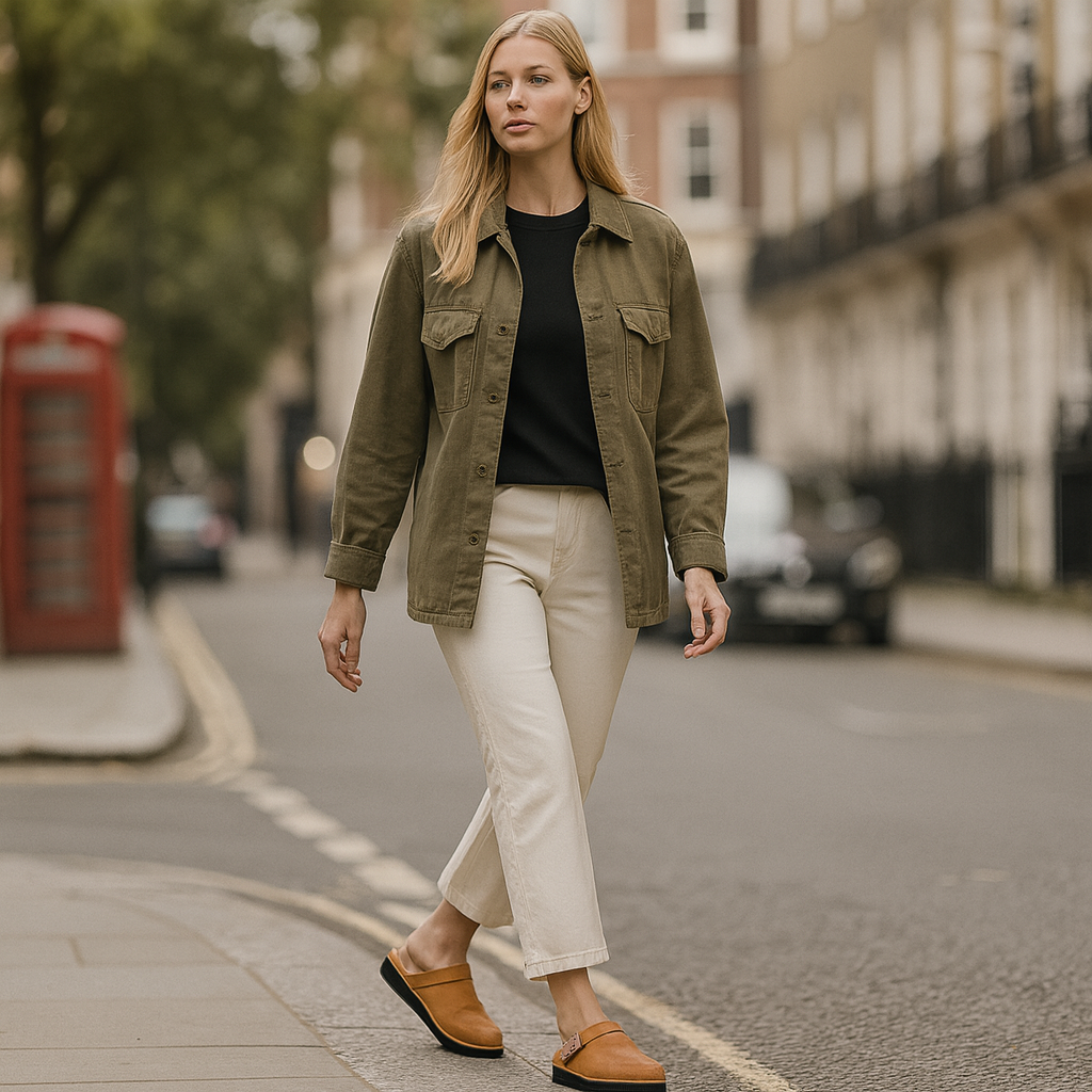 Closed-toe clogs with an adjustable side buckle and a cushioned sole designed for easy everyday wear