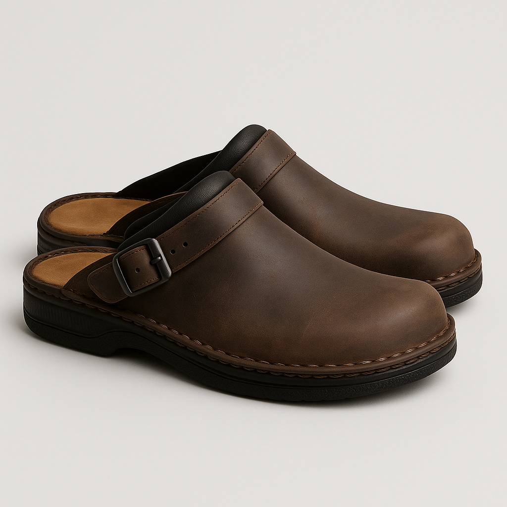 Closed-toe clogs with an adjustable side buckle and a cushioned sole designed for easy everyday wear