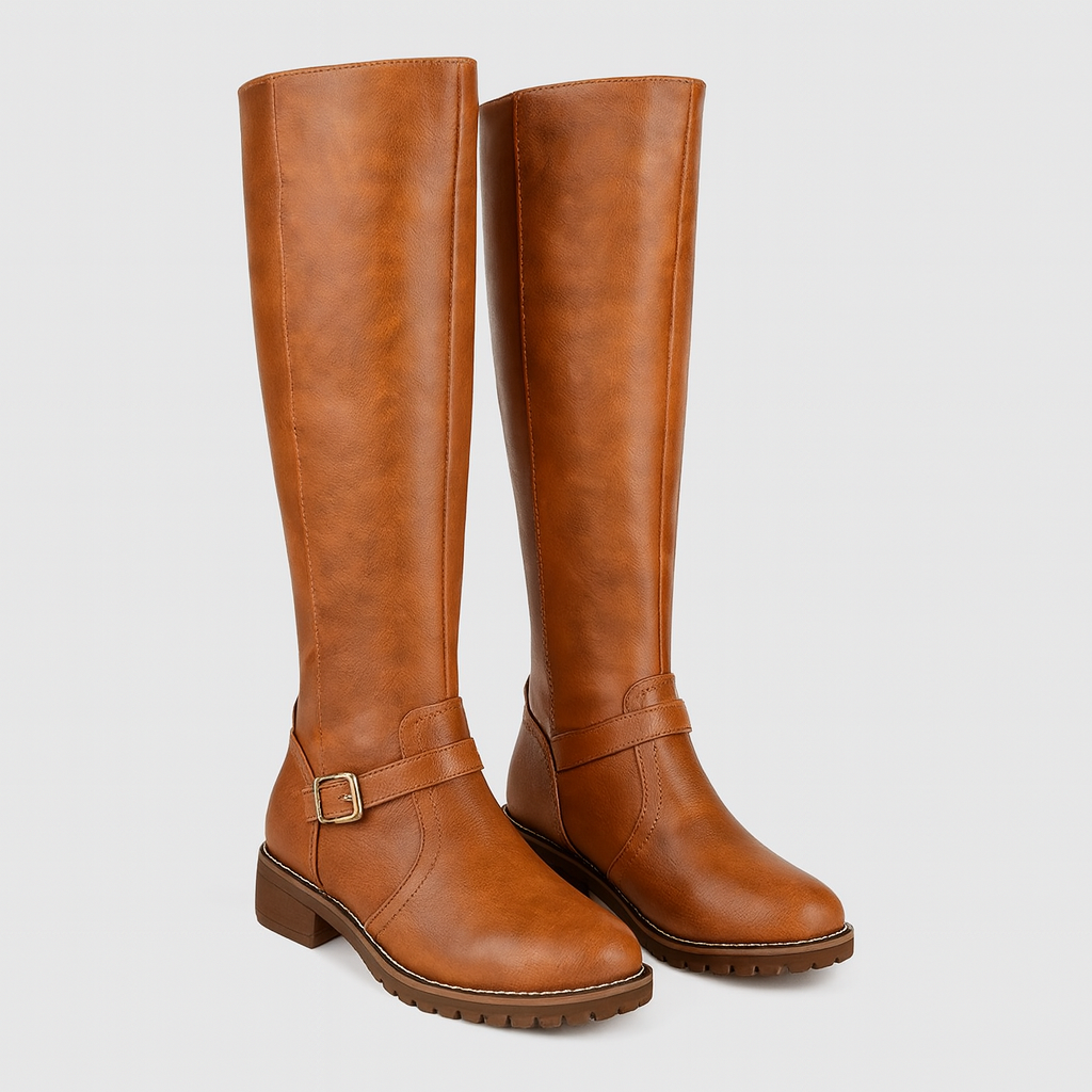 Knee-high faux leather boots with buckle detail, worn with jeans on a concrete surface.