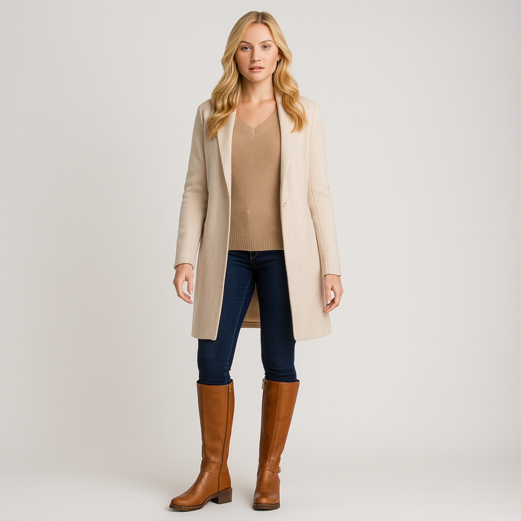 Knee-high faux leather boots with buckle detail, worn with jeans on a concrete surface.