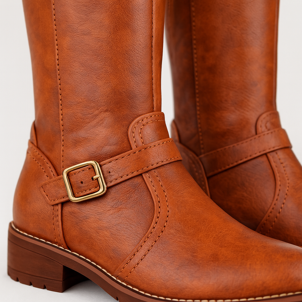 Knee-high faux leather boots with buckle detail, worn with jeans on a concrete surface.
