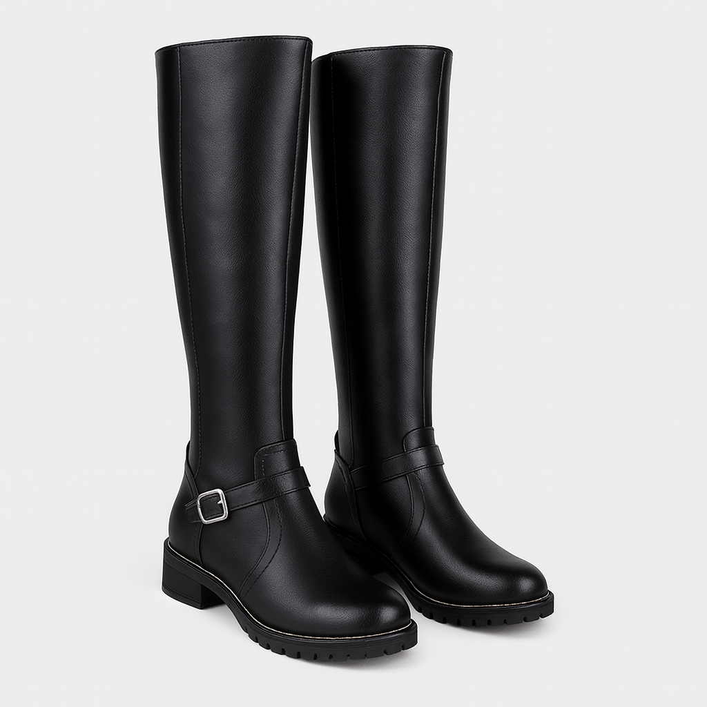 Knee-high faux leather boots with buckle detail, worn with jeans on a concrete surface.